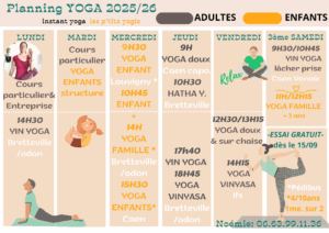 présentation du planning yoga instant yoga caen et association les p'tits yogis caen
